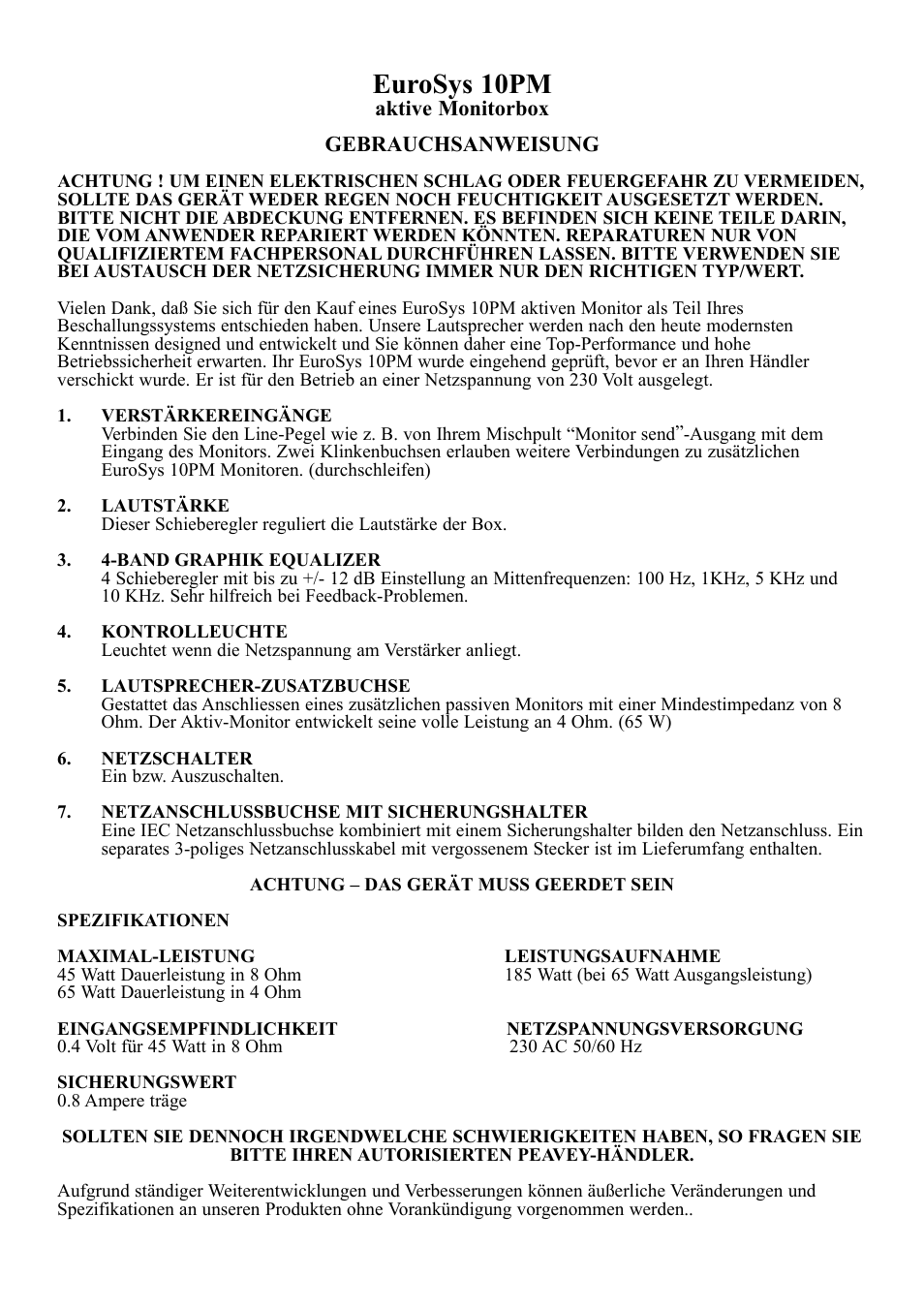 Eurosys 10pm | Peavey 10PM User Manual | Page 4 / 7