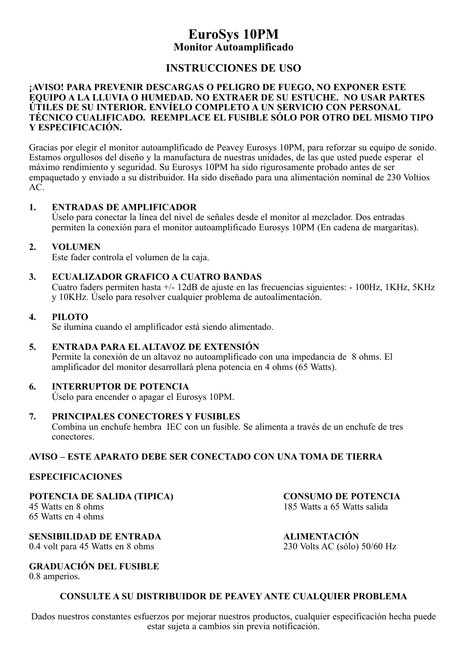 Eurosys 10pm | Peavey 10PM User Manual | Page 5 / 7