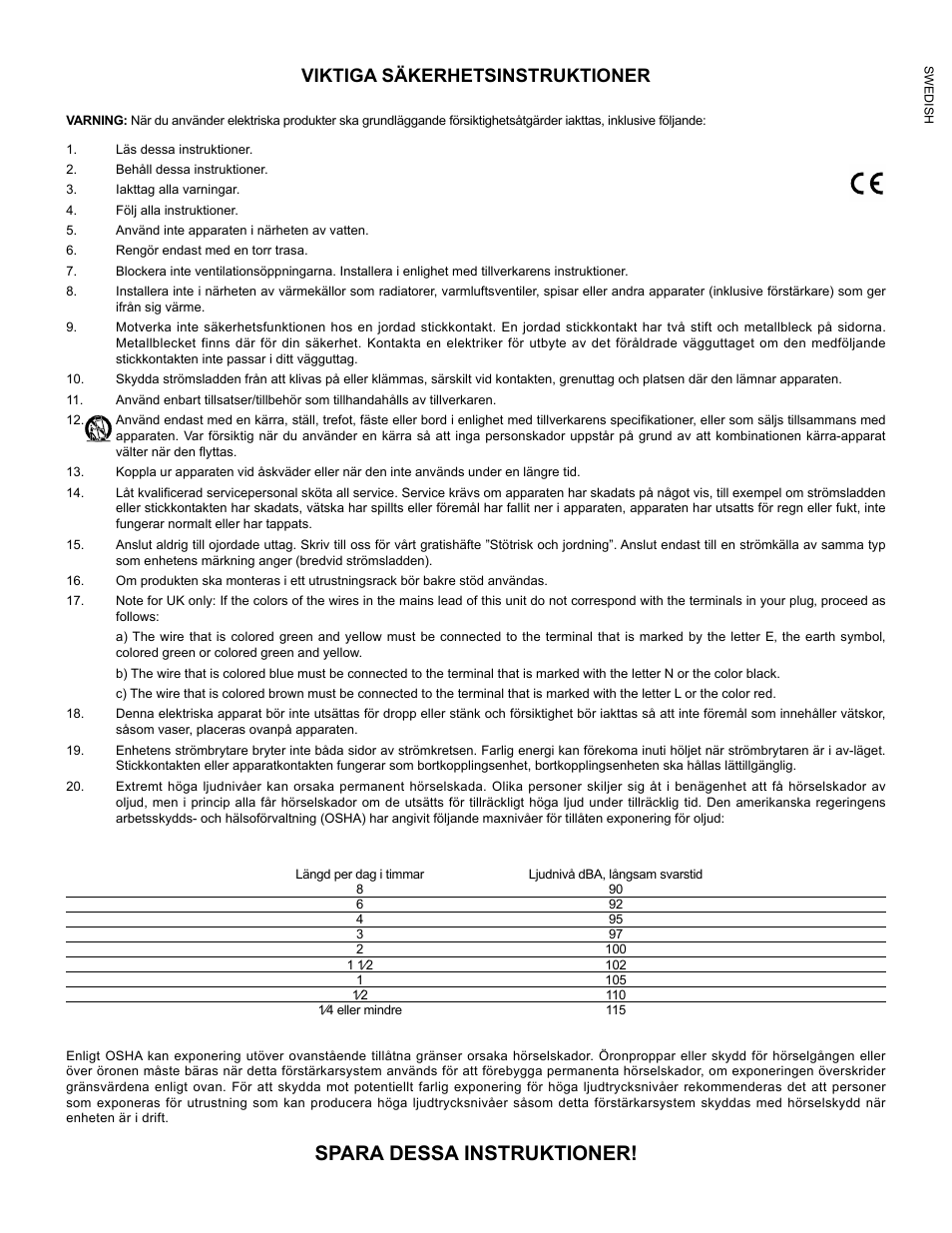 Spara dessa instruktioner, Viktiga säkerhetsinstruktioner | Peavey Mixer User Manual | Page 10 / 92