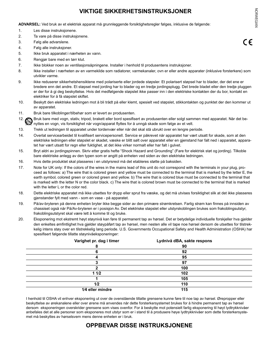 Viktige sikkerhetsinstruksjoner, Oppbevar disse instruksjonene | Peavey Mixer User Manual | Page 11 / 92