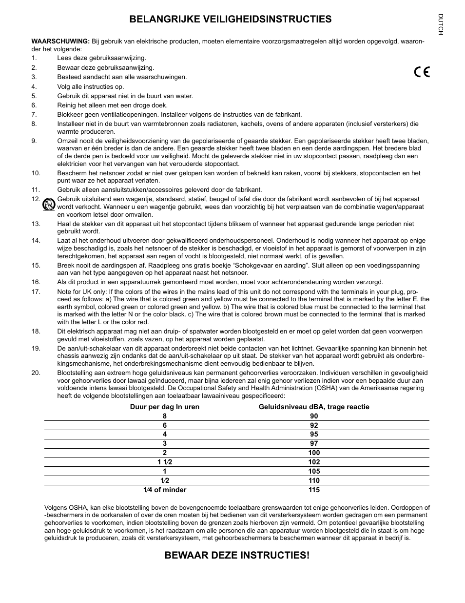 Belangrijke veiligheidsinstructies, Bewaar deze instructies | Peavey Mixer User Manual | Page 12 / 92