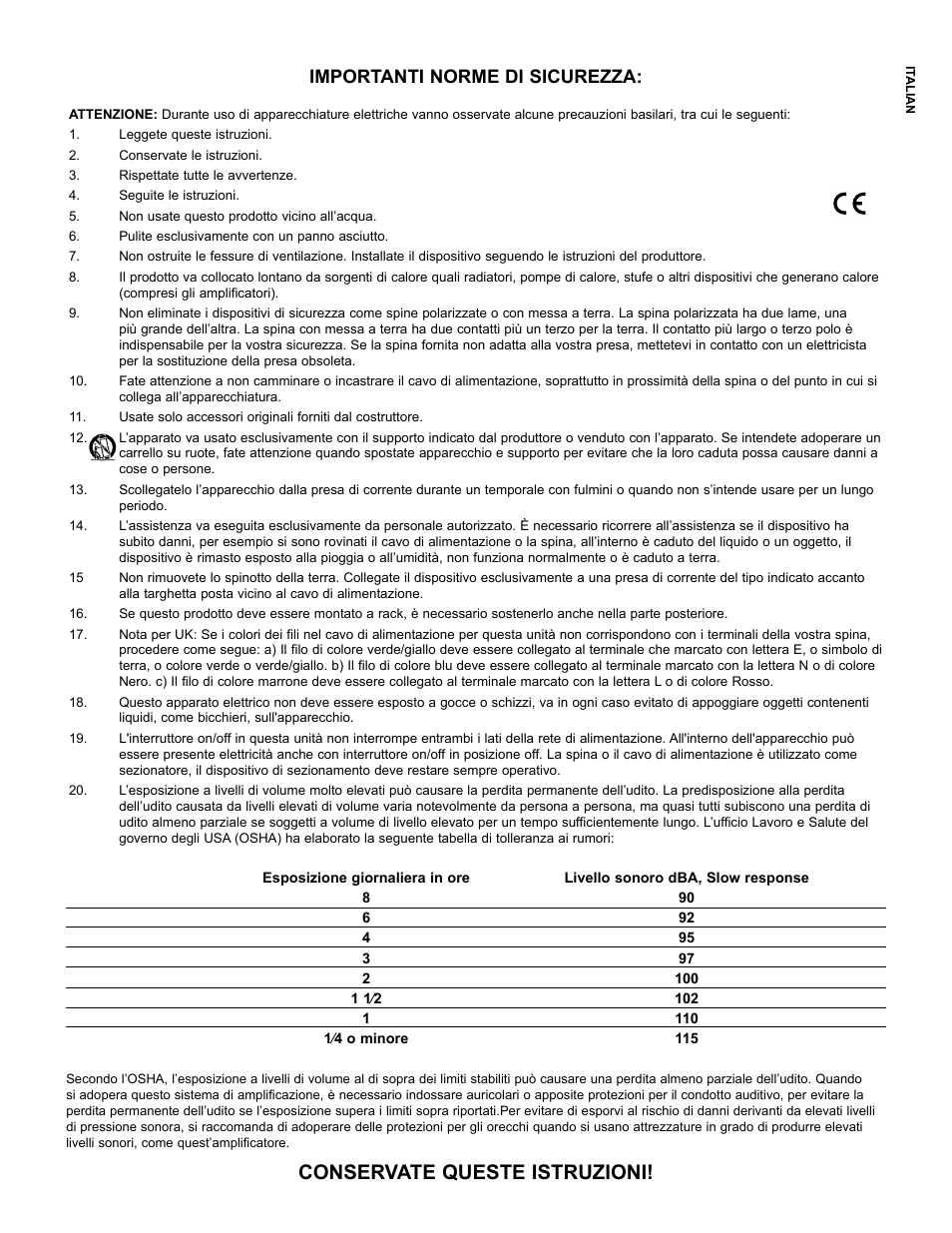 Conservate queste istruzioni, Importanti norme di sicurezza | Peavey Mixer User Manual | Page 13 / 92