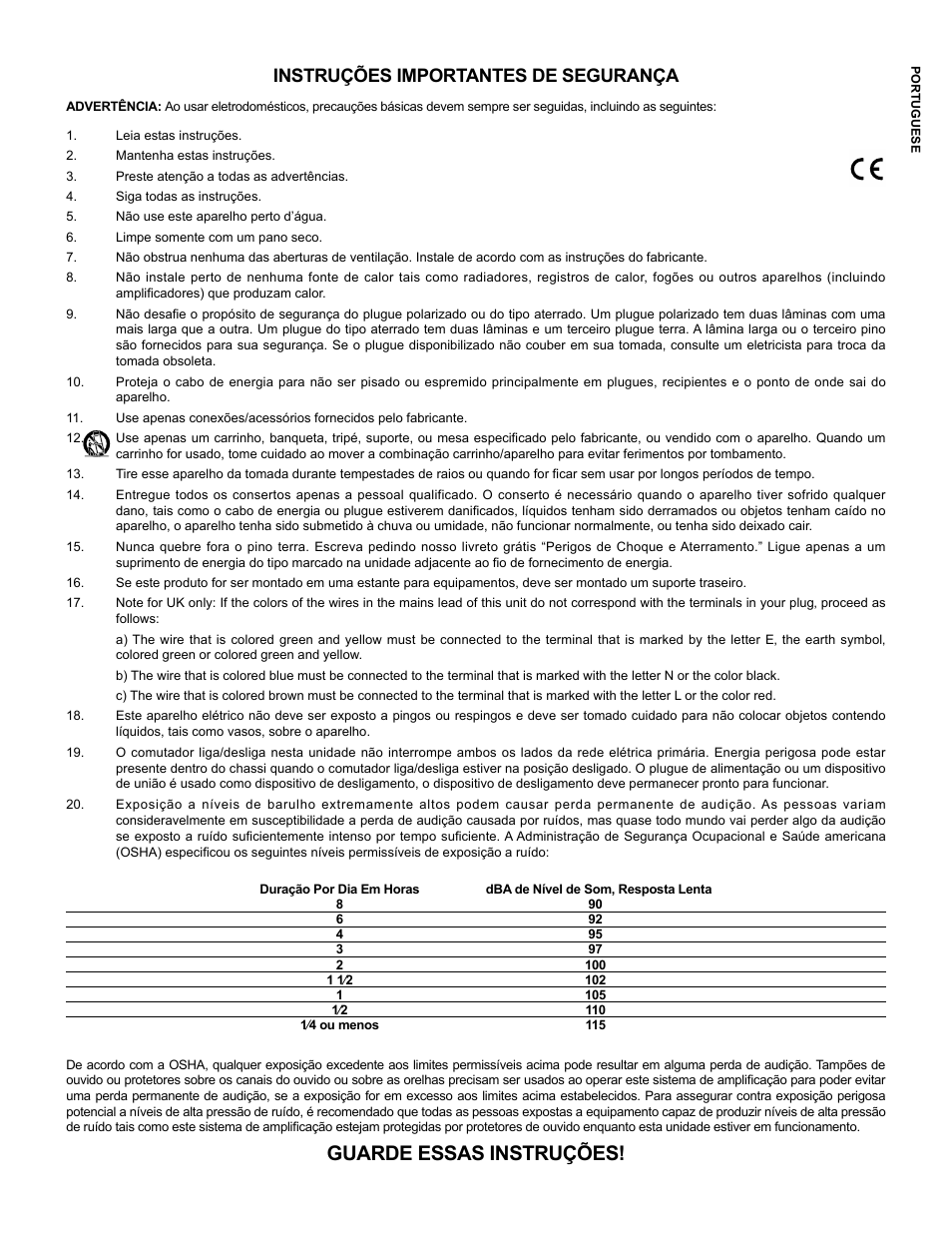 Guarde essas instruções, Instruções importantes de segurança | Peavey Mixer User Manual | Page 14 / 92