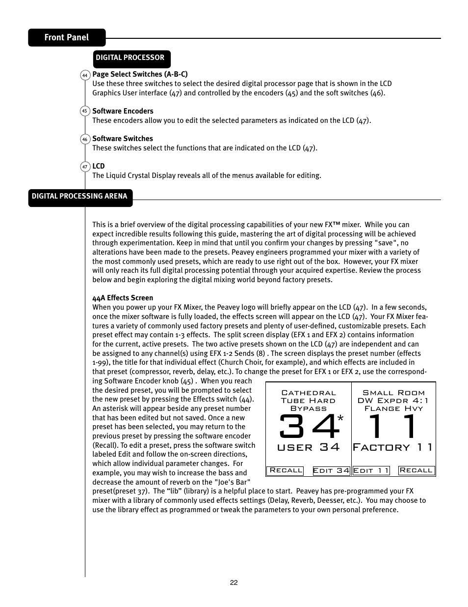 User 34, Factory 11 | Peavey Mixer User Manual | Page 28 / 92