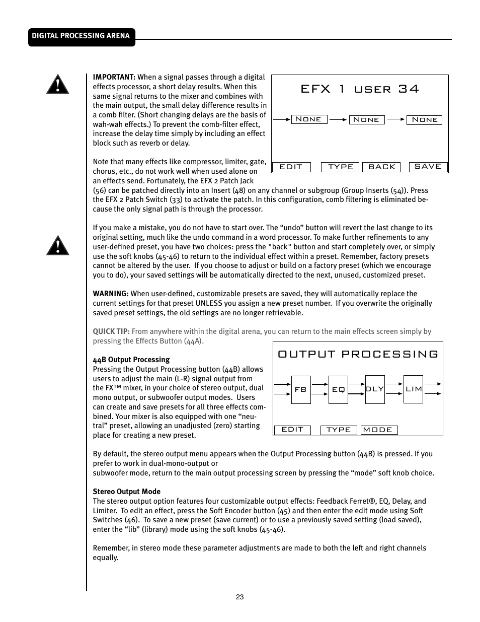 Efx 1 user 34, Output processing | Peavey Mixer User Manual | Page 29 / 92