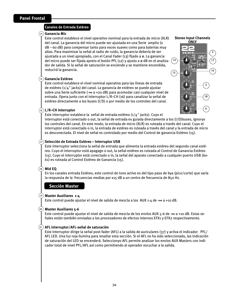 Panel frontal, Sección master | Peavey Mixer User Manual | Page 40 / 92