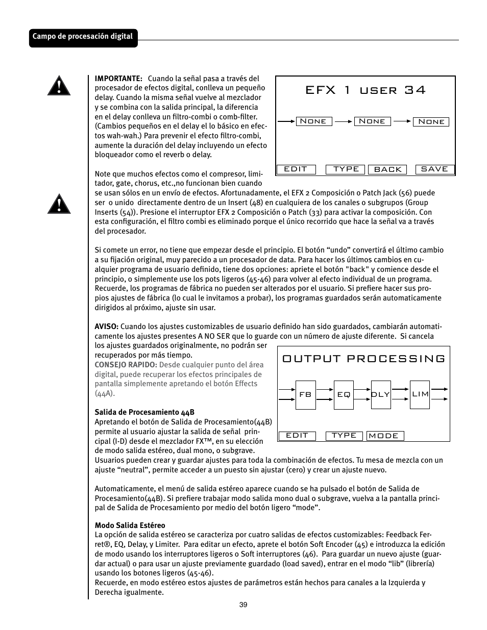 Efx 1 user 34, Output processing | Peavey Mixer User Manual | Page 45 / 92