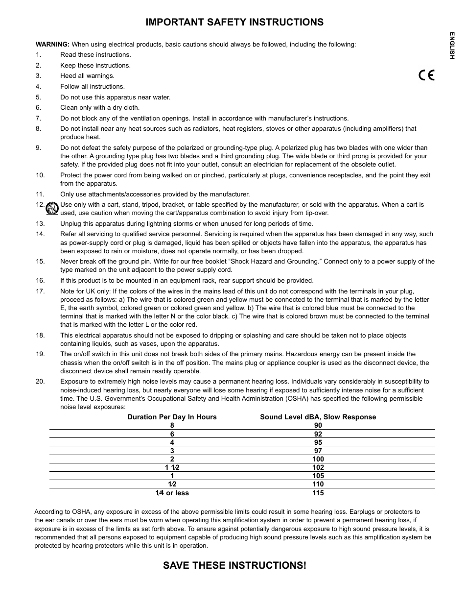 Important safety instructions, Save these instructions | Peavey Mixer User Manual | Page 5 / 92