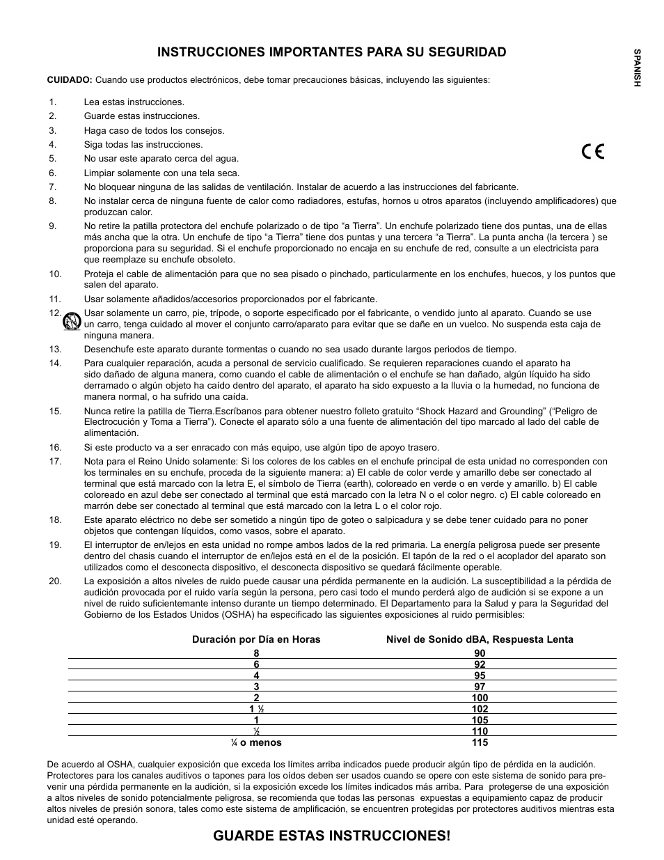 Guarde estas instrucciones, Instrucciones importantes para su seguridad | Peavey Mixer User Manual | Page 6 / 92