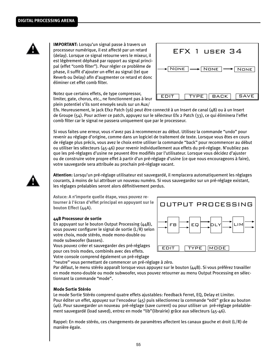 Efx 1 user 34, Output processing | Peavey Mixer User Manual | Page 61 / 92