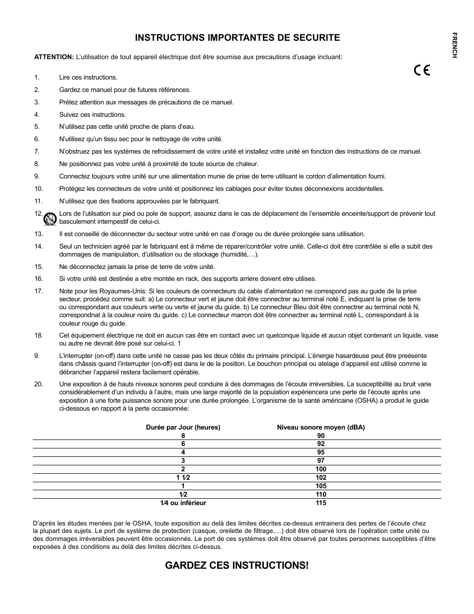 Gardez ces instructions, Instructions importantes de securite | Peavey Mixer User Manual | Page 7 / 92