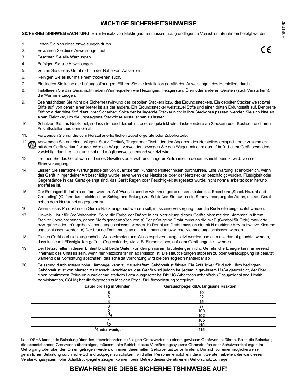 Bewahren sie diese sicherheitshinweise auf, Wichtige sicherheitshinweise | Peavey Mixer User Manual | Page 8 / 92