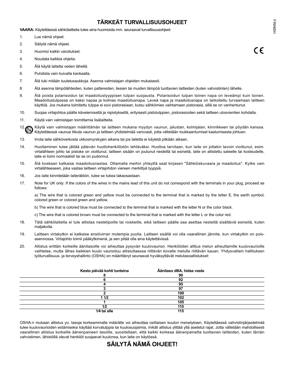 Säilytä nämä ohjeet, Tärkeät turvallisuusohjeet | Peavey Mixer User Manual | Page 9 / 92