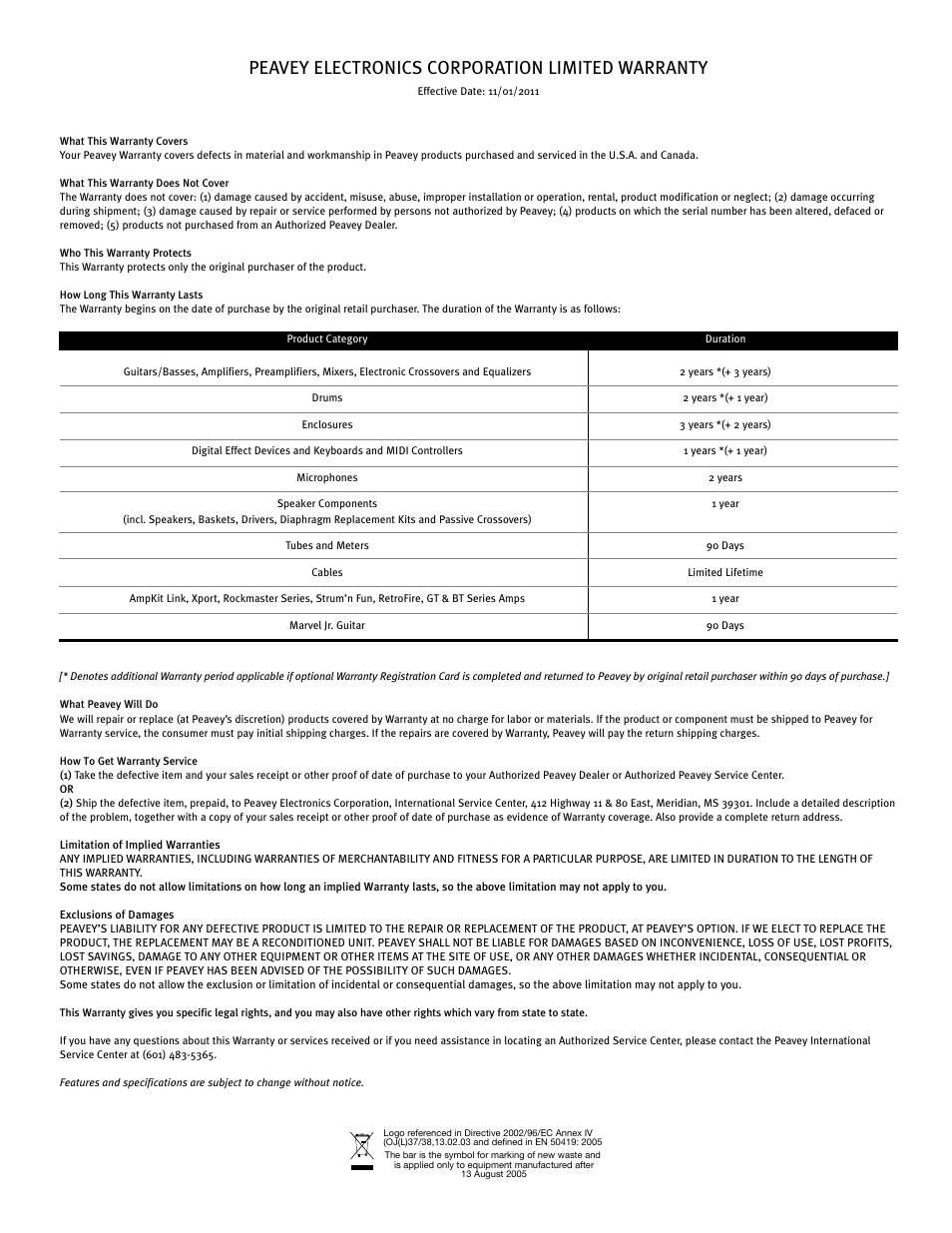 Peavey electronics corporation limited warranty | Peavey Mixer User Manual | Page 90 / 92