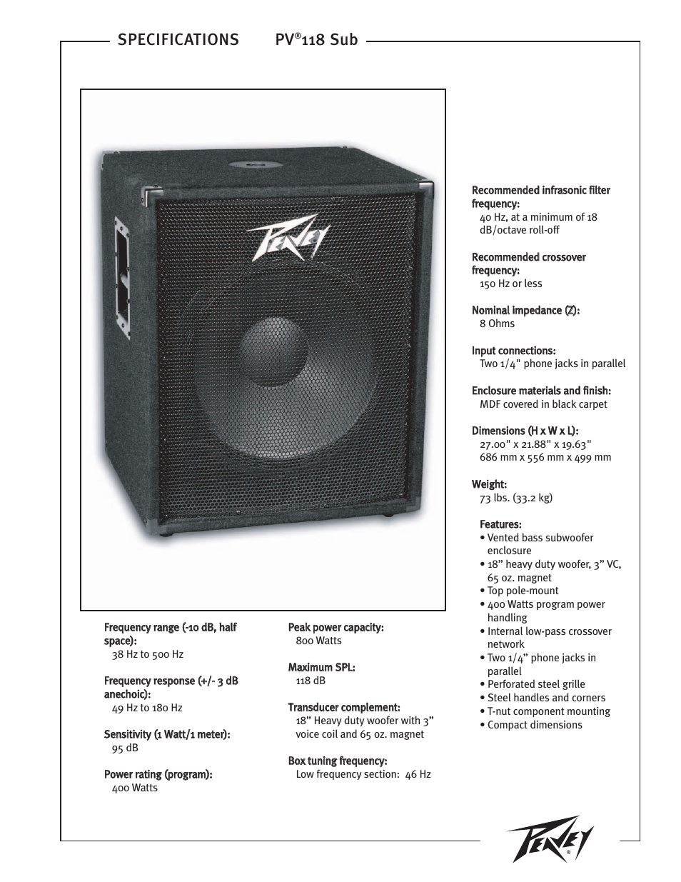 Peavey PV 118 Sub User Manual | 2 pages