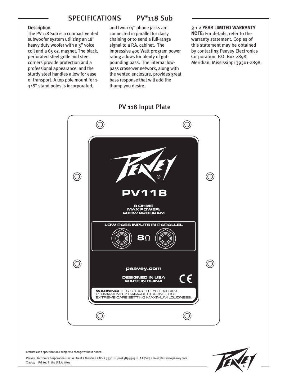 Pv118, Specifications pv, 118 sub | Pv 118 input plate | Peavey PV 118 Sub User Manual | Page 2 / 2