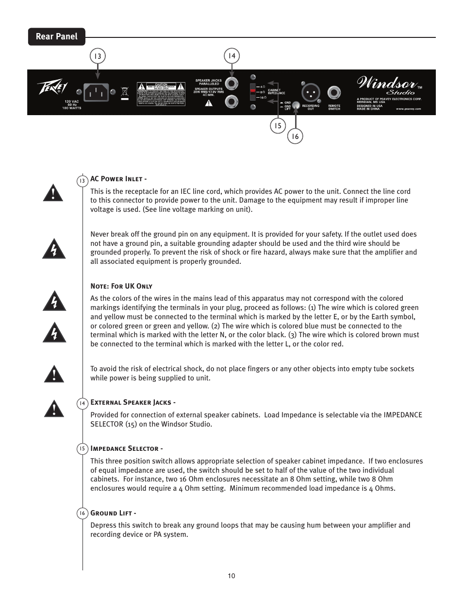 Rear panel | Peavey Windsor Studio User Manual | Page 10 / 16