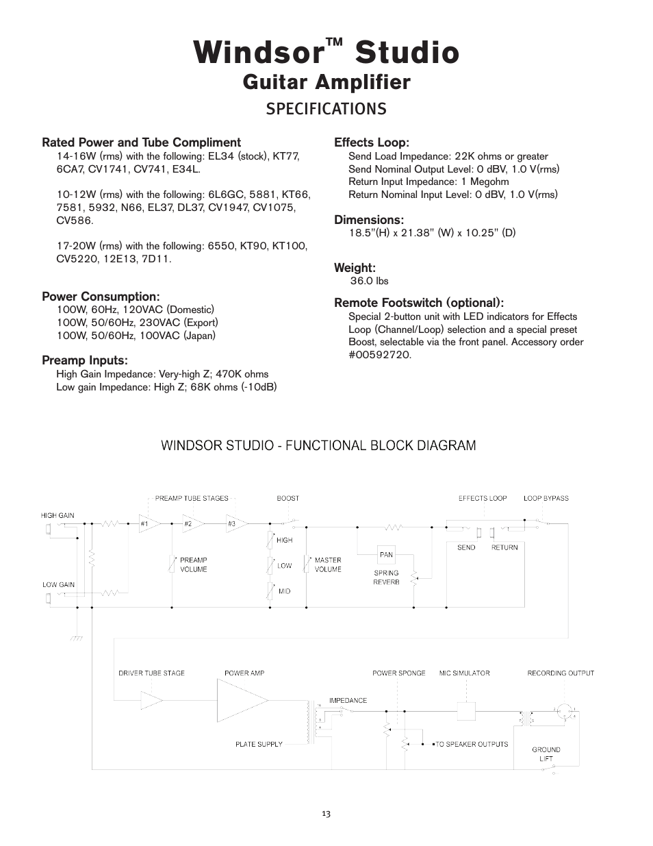 Windsor, Studio, Guitar amplifier | Peavey Windsor Studio User Manual | Page 13 / 16