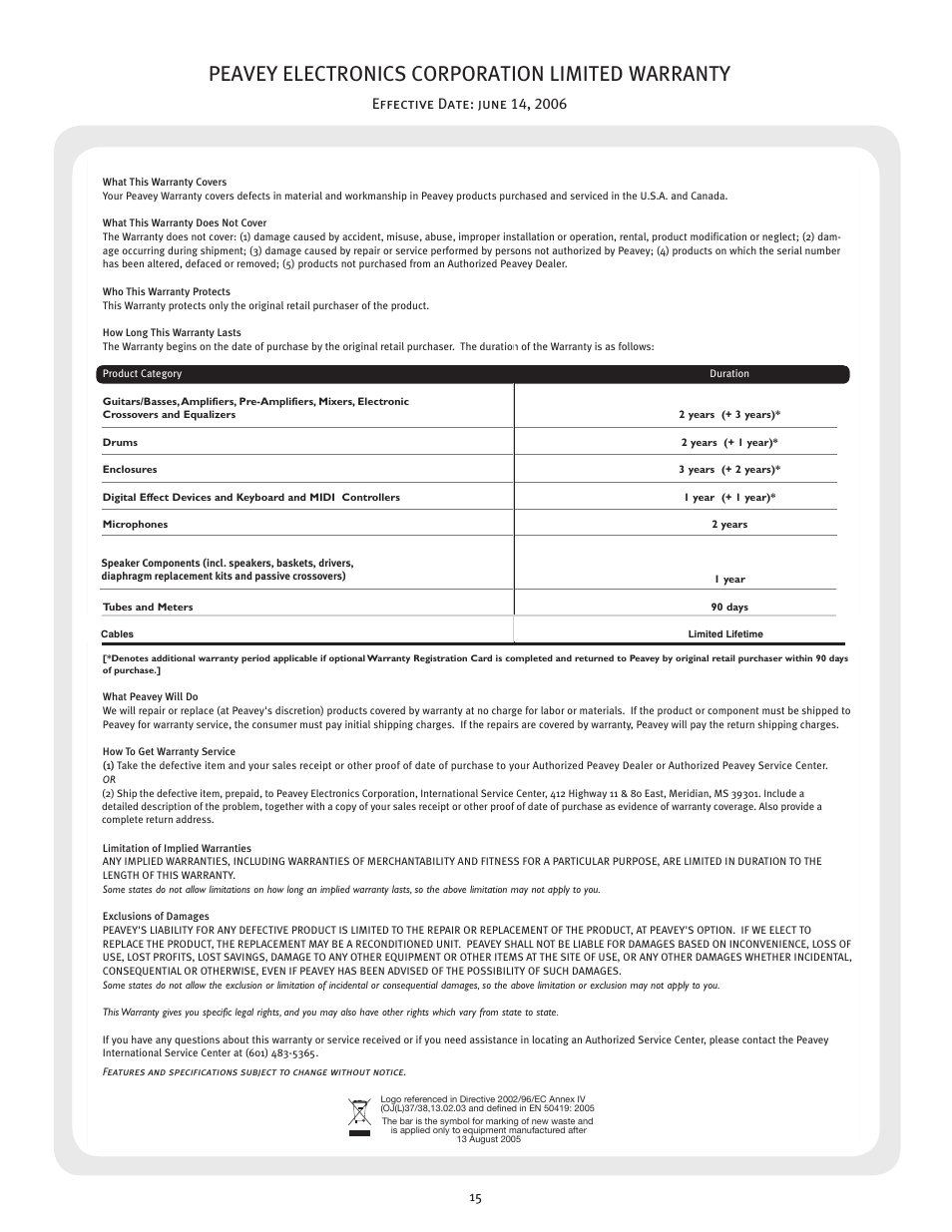 Peavey electronics corporation limited warranty | Peavey Windsor Studio User Manual | Page 15 / 16