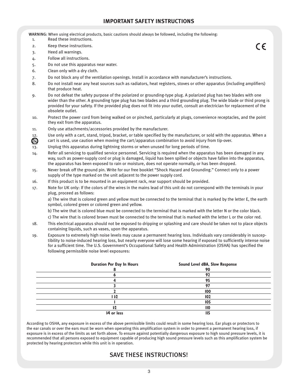 Save these instructions, Important safety instructions | Peavey Windsor Studio User Manual | Page 3 / 16