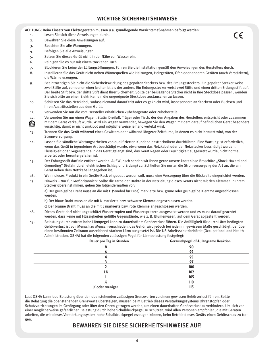 Bewahren sie diese sicherheitshinweise auf, Wichtige sicherheitshinweise | Peavey Windsor Studio User Manual | Page 4 / 16