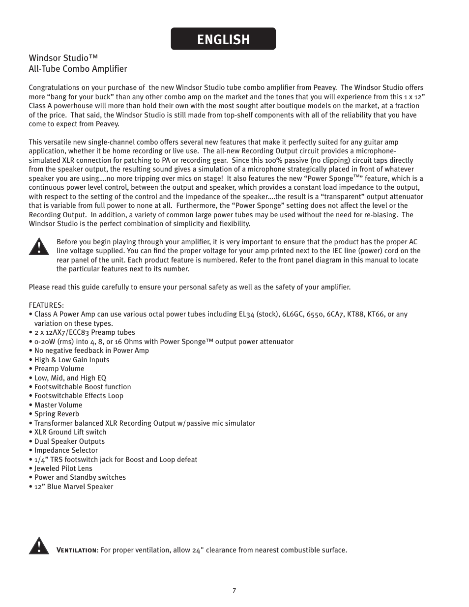 English | Peavey Windsor Studio User Manual | Page 7 / 16