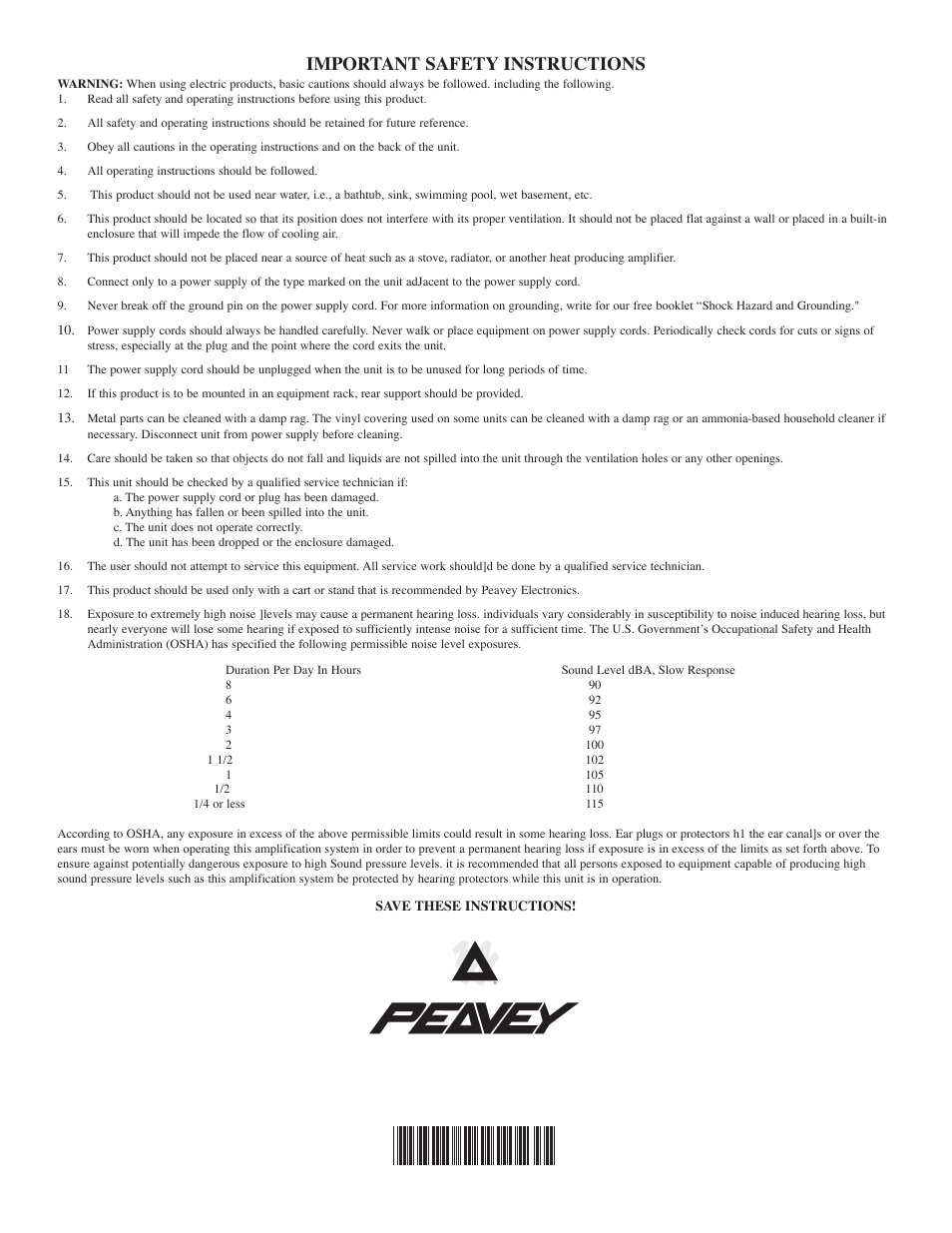 Important safety instructions | Peavey RQ 1606M User Manual | Page 40 / 40