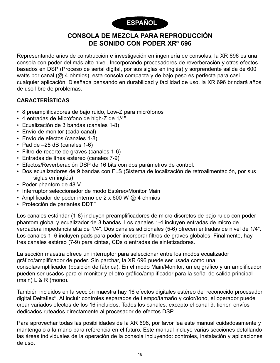 Español | Peavey XR 696 User Manual | Page 16 / 40