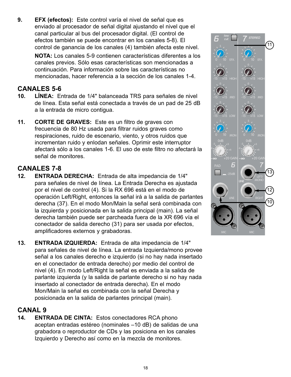 Canales 5-6, Canales 7-8, Canal 9 | Peavey XR 696 User Manual | Page 18 / 40