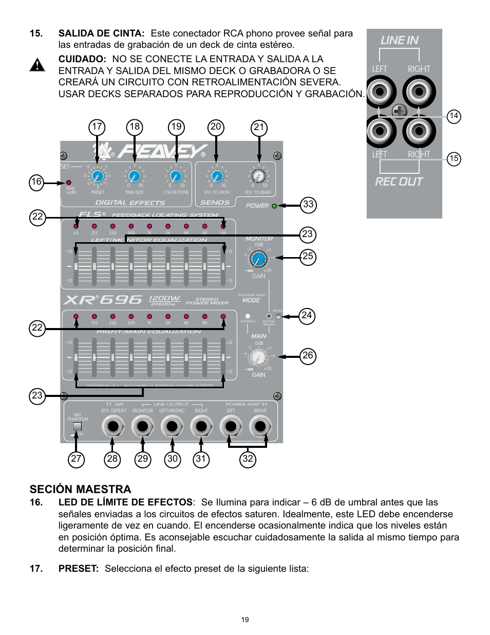 Rec out, Line in, Xr 696 | Seción maestra, Left right | Peavey XR 696 User Manual | Page 19 / 40