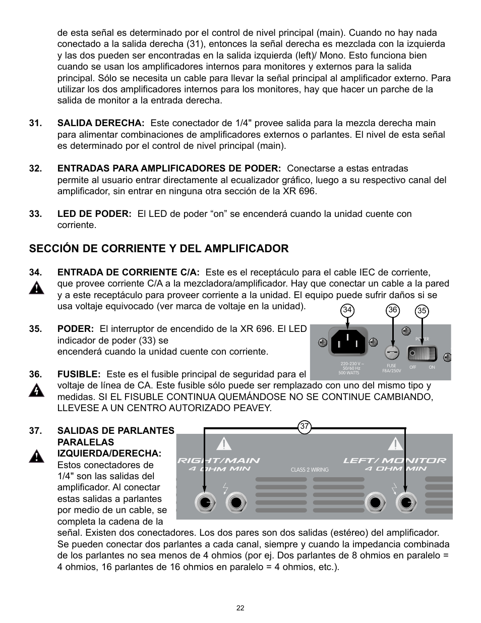 Sección de corriente y del amplificador | Peavey XR 696 User Manual | Page 22 / 40