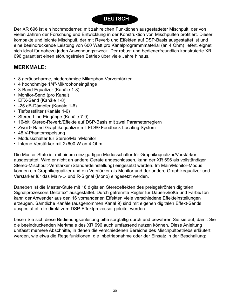 Merkmale, Deutsch | Peavey XR 696 User Manual | Page 30 / 40