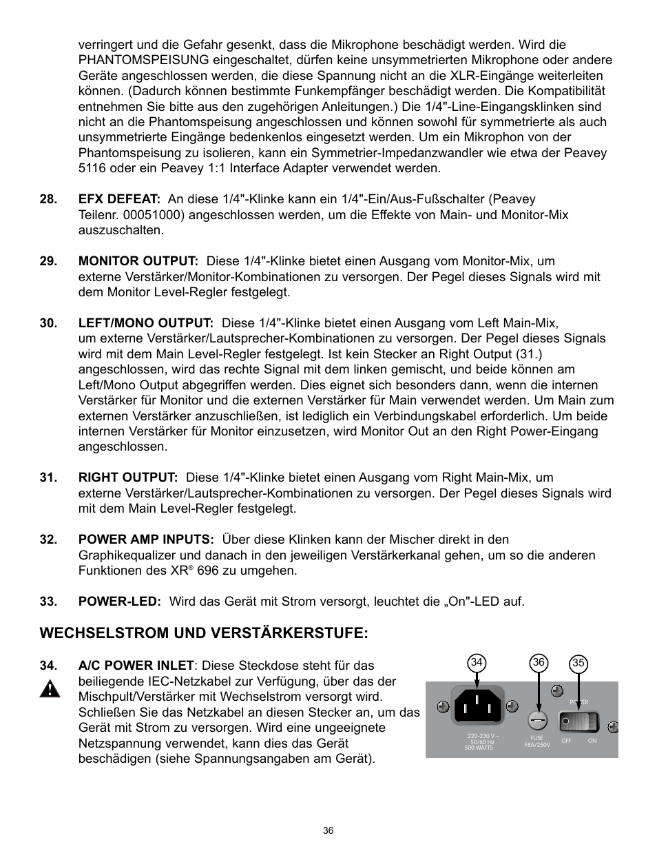 Wechselstrom und verstärkerstufe | Peavey XR 696 User Manual | Page 36 / 40