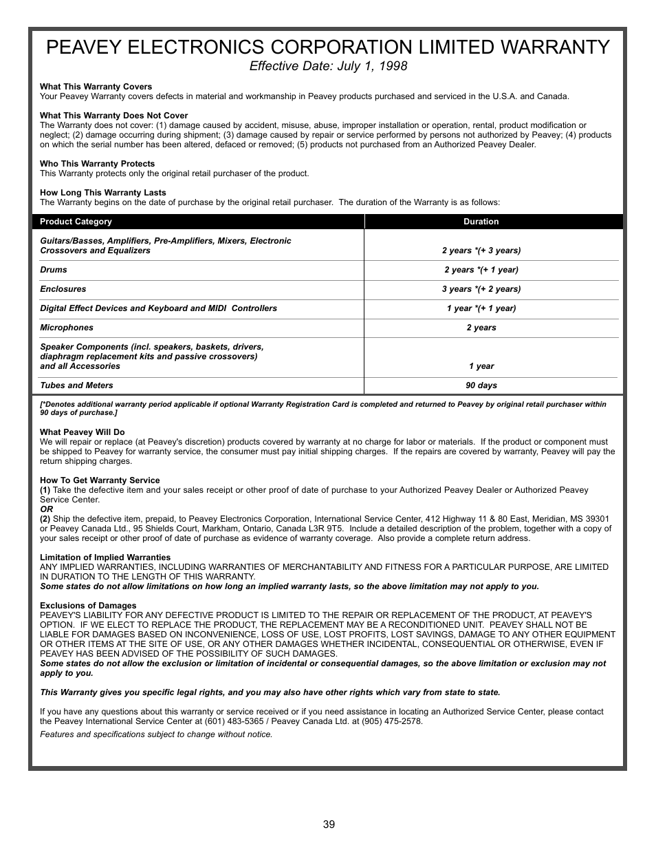 Peavey electronics corporation limited warranty | Peavey XR 696 User Manual | Page 39 / 40