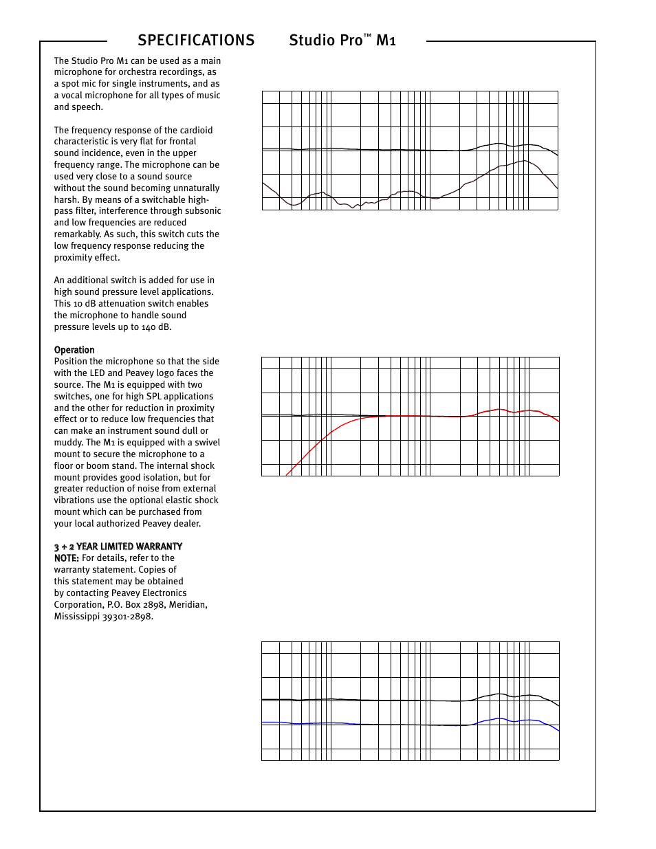 Specifications studio pro, Amplitude response | Peavey M1 User Manual | Page 2 / 4