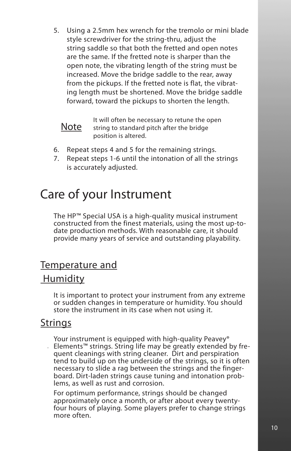 Care of your instrument, Temperature and humidity, Strings | Peavey HP Special User Manual | Page 11 / 16