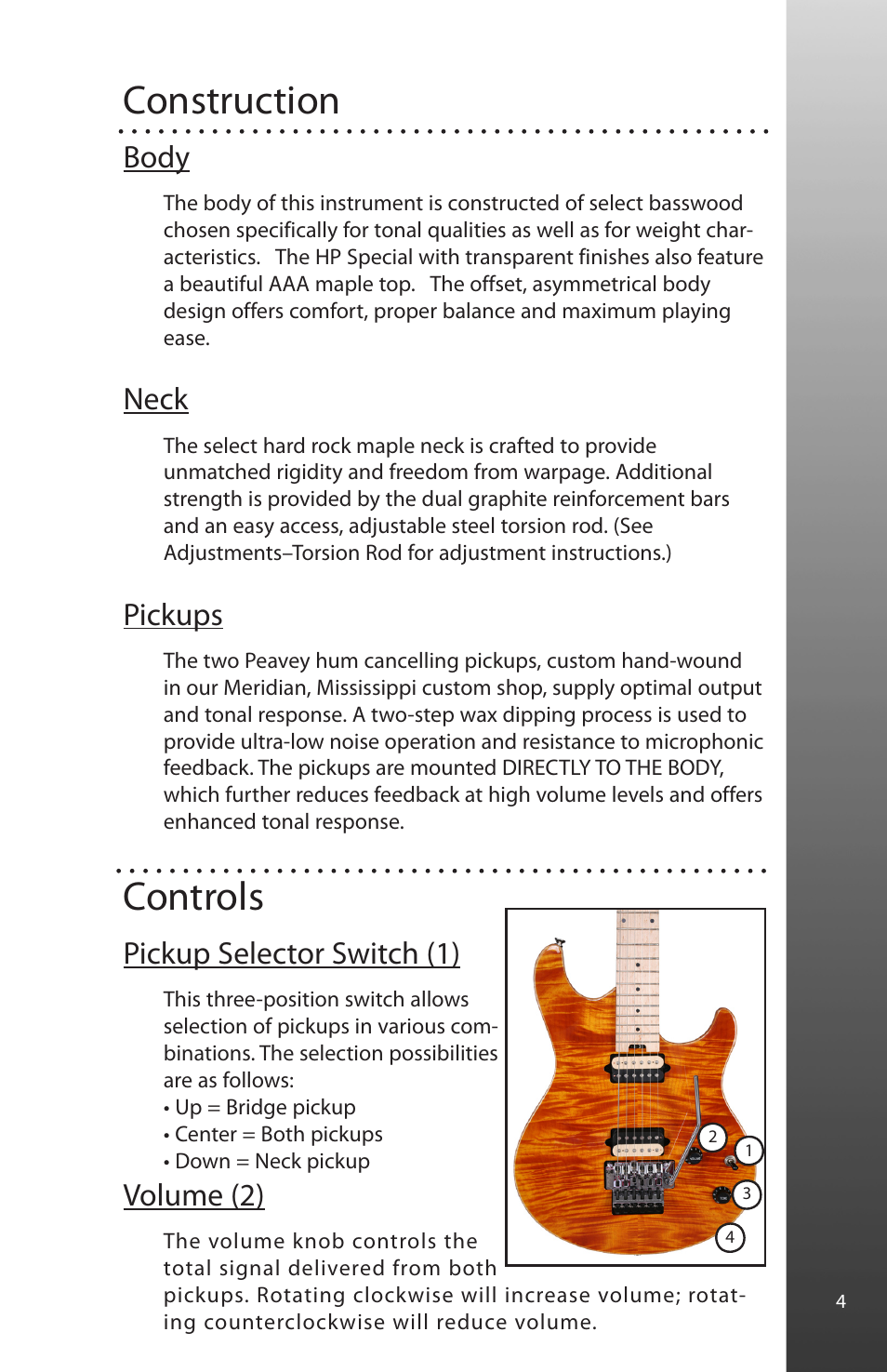 Construction, Controls, Body | Neck, Pickups, Pickup selector switch (1), Volume (2) | Peavey HP Special User Manual | Page 5 / 16