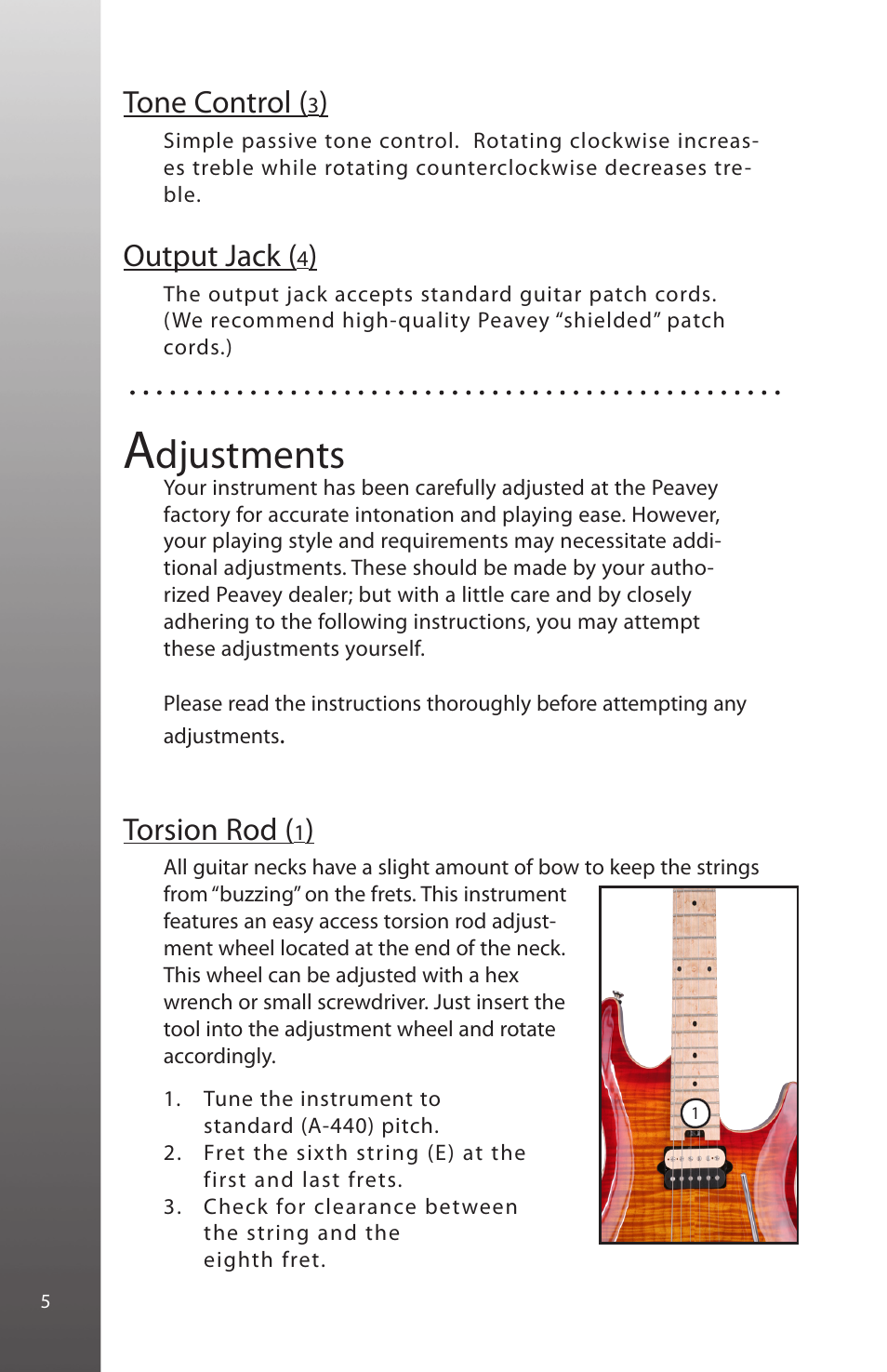 Djustments, Tone control, Output jack | Torsion rod | Peavey HP Special User Manual | Page 6 / 16