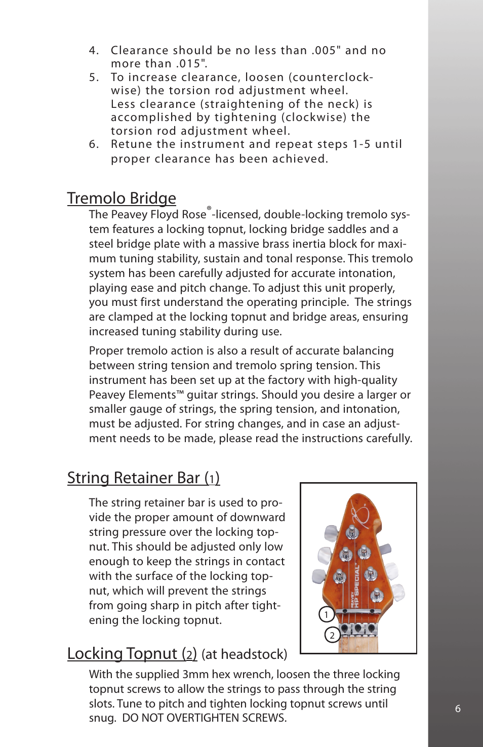 Tremolo bridge, String retainer bar, Locking topnut | Peavey HP Special User Manual | Page 7 / 16