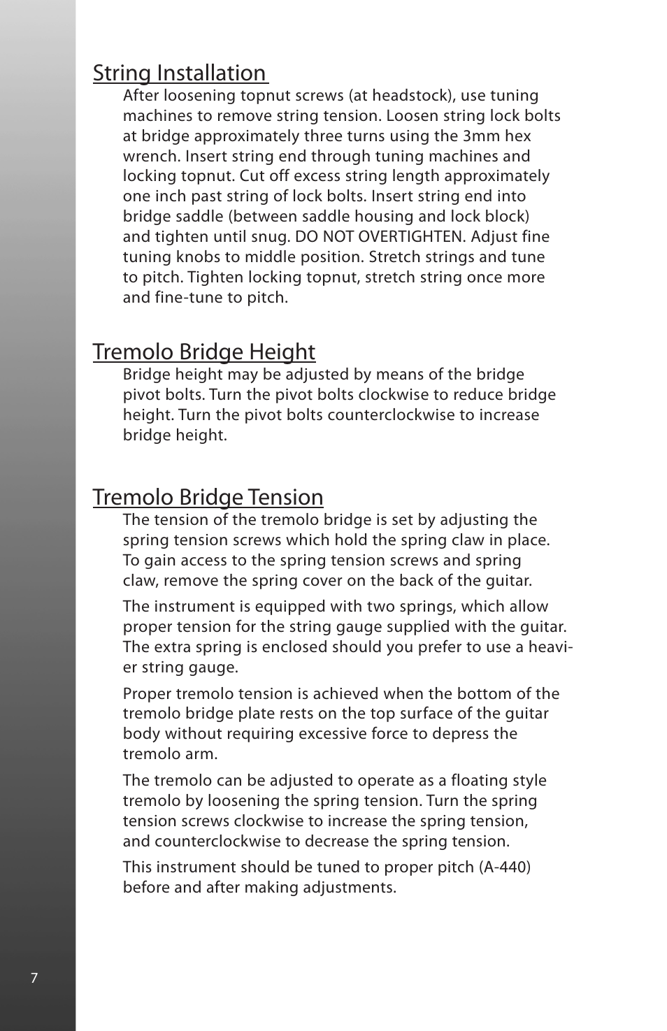 String installation, Tremolo bridge height, Tremolo bridge tension | Peavey HP Special User Manual | Page 8 / 16