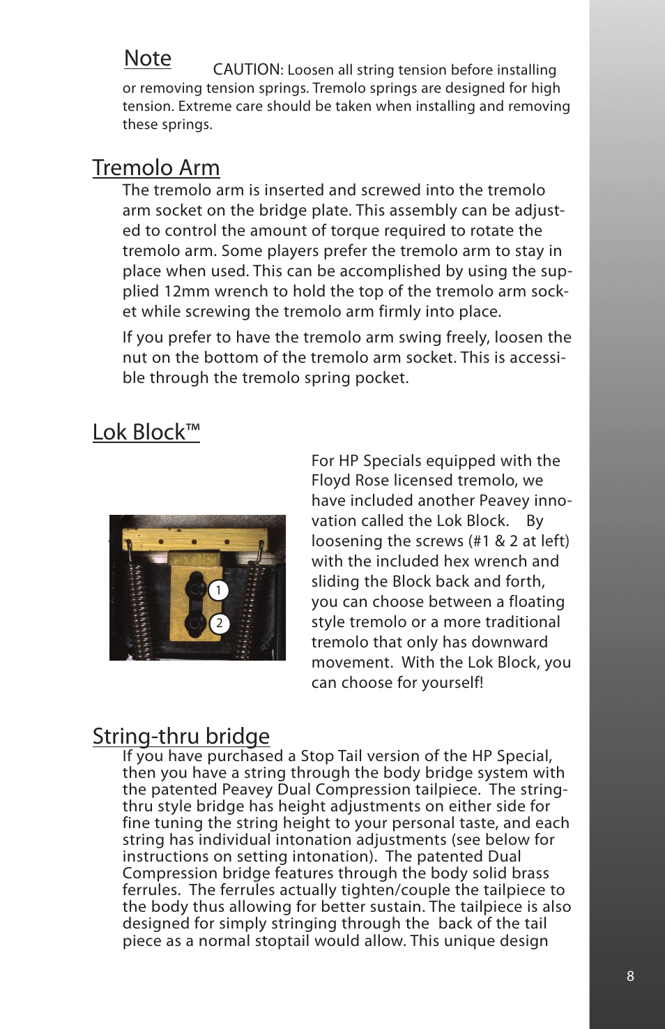 Tremolo arm, Lok block, String-thru bridge | Peavey HP Special User Manual | Page 9 / 16
