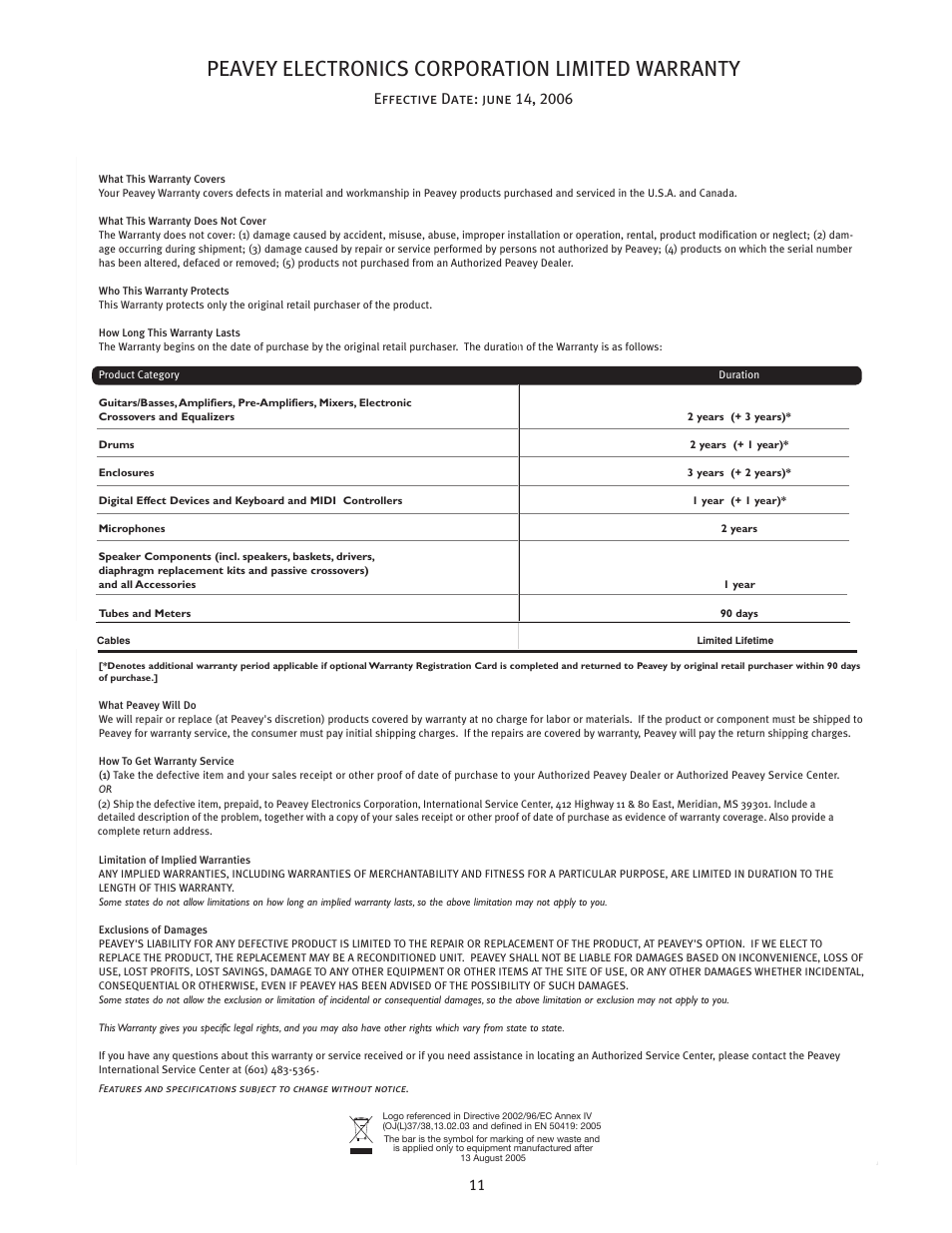 Peavey electronics corporation limited warranty | Peavey JSX Mini Colossal User Manual | Page 11 / 12