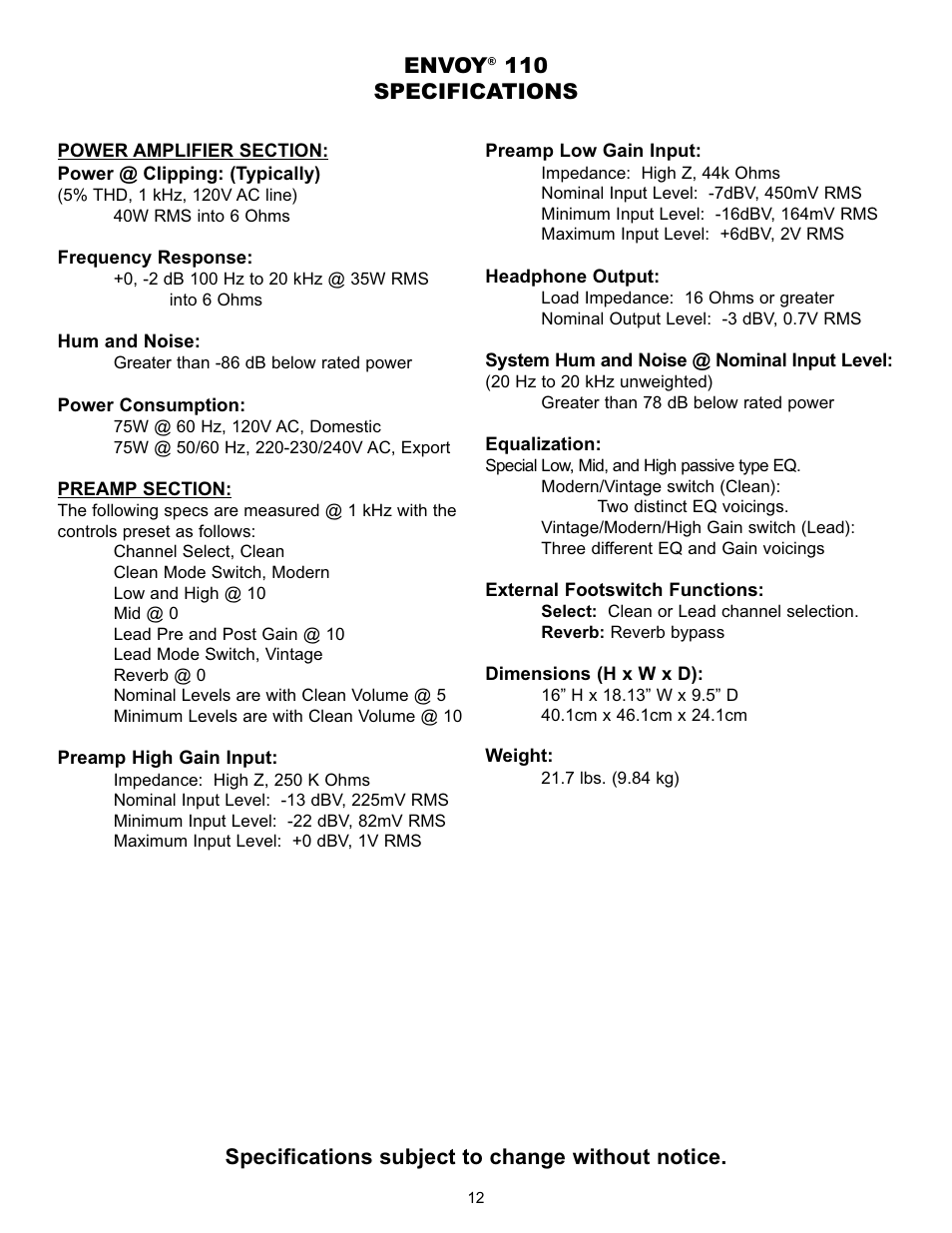 Specifications subject to change without notice, Envoy, 110 specifications | Peavey Studio Pro 112 User Manual | Page 12 / 48