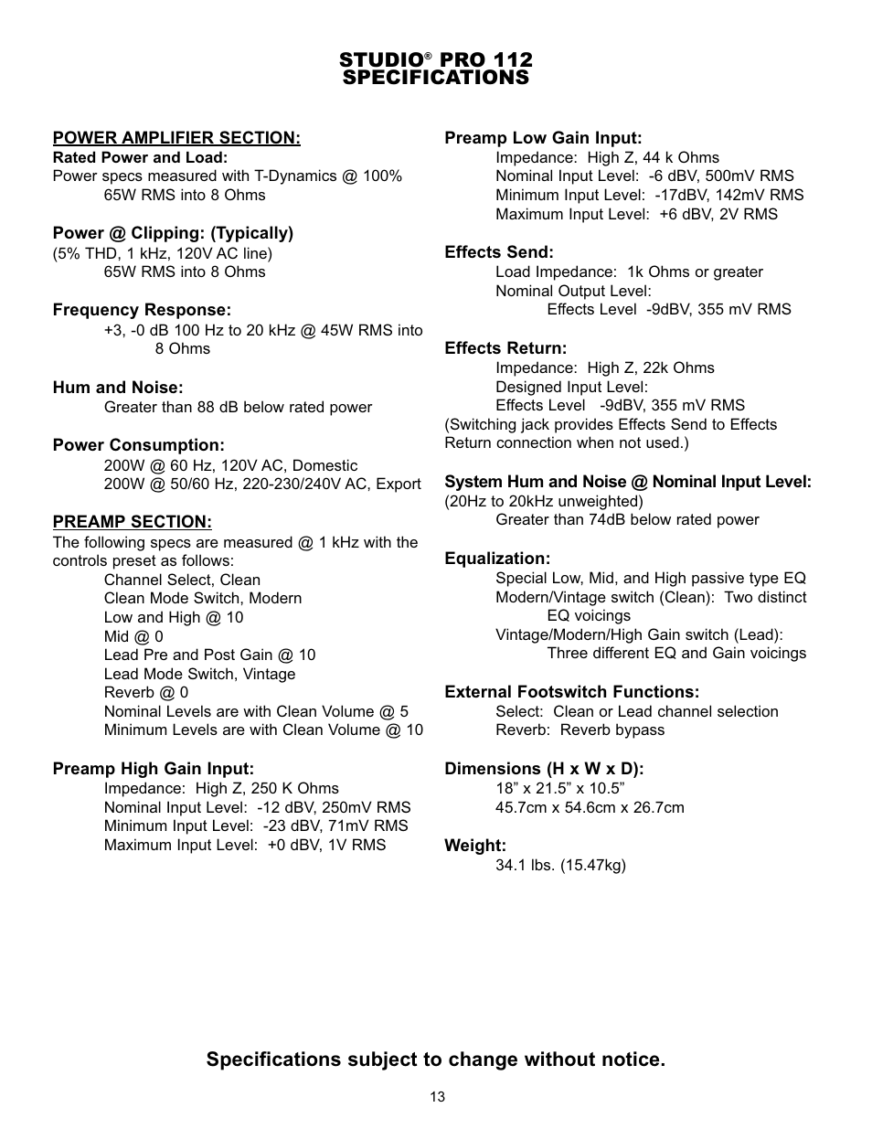Specifications subject to change without notice, Studio, Pro 112 specifications | Peavey Studio Pro 112 User Manual | Page 13 / 48