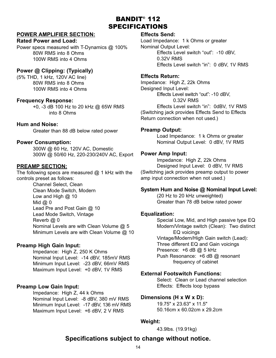 Specifications subject to change without notice, Bandit, 112 specifications | Peavey Studio Pro 112 User Manual | Page 14 / 48