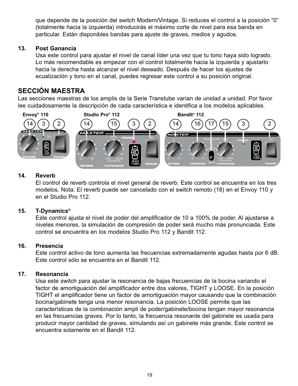 Sección maestra | Peavey Studio Pro 112 User Manual | Page 19 / 48