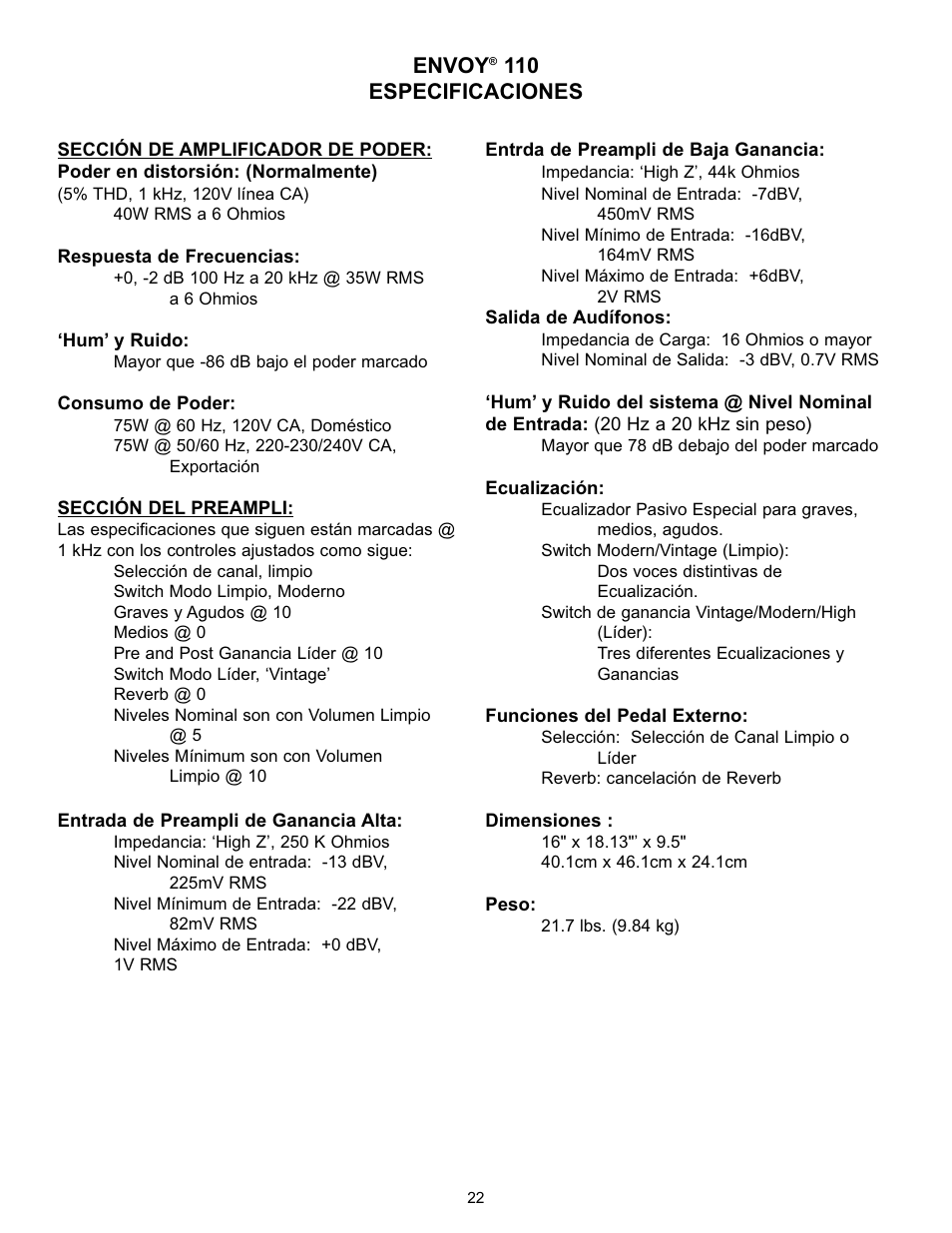 Envoy, 110 especificaciones | Peavey Studio Pro 112 User Manual | Page 22 / 48