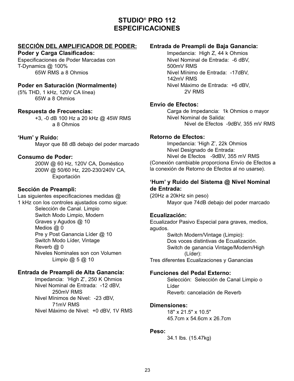 Studio, Pro 112 especificaciones | Peavey Studio Pro 112 User Manual | Page 23 / 48