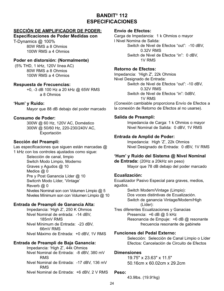 Bandit, 112 especificaciones | Peavey Studio Pro 112 User Manual | Page 24 / 48