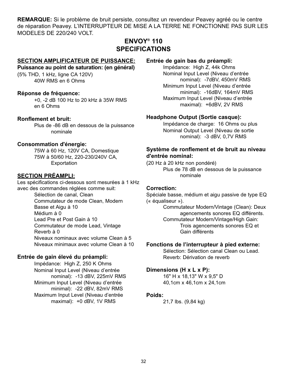 Envoy, 110 specifications | Peavey Studio Pro 112 User Manual | Page 32 / 48